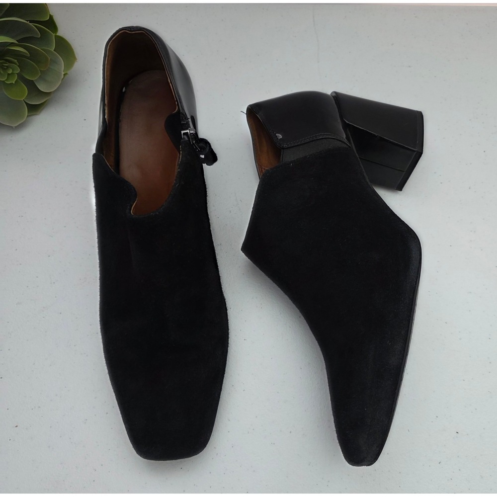 Vionic Ankle Booties Women 10 Black Excellent Suede Patent Leather Block Heel